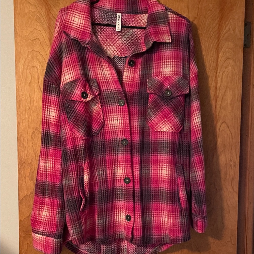 Zenana Outfitters Pink Plaid Utility Shacket, 1X